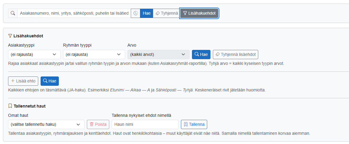 Asiakkaat - Hakuehdot
