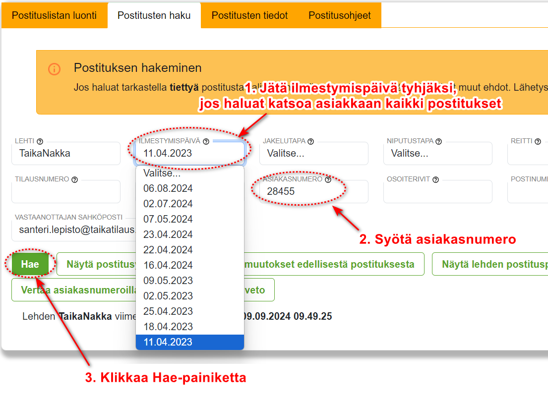 2. Postitusten haku - välilehden näkymä