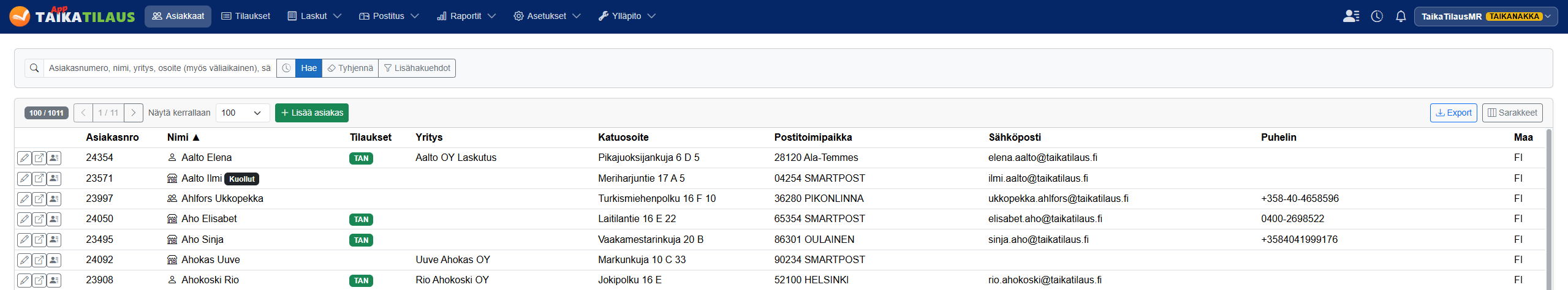 Asiakasluettelo ja asiakkaiden perustiedot