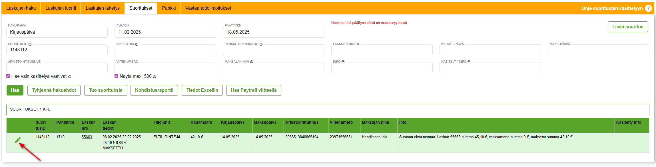 Suoritukset-välilehti