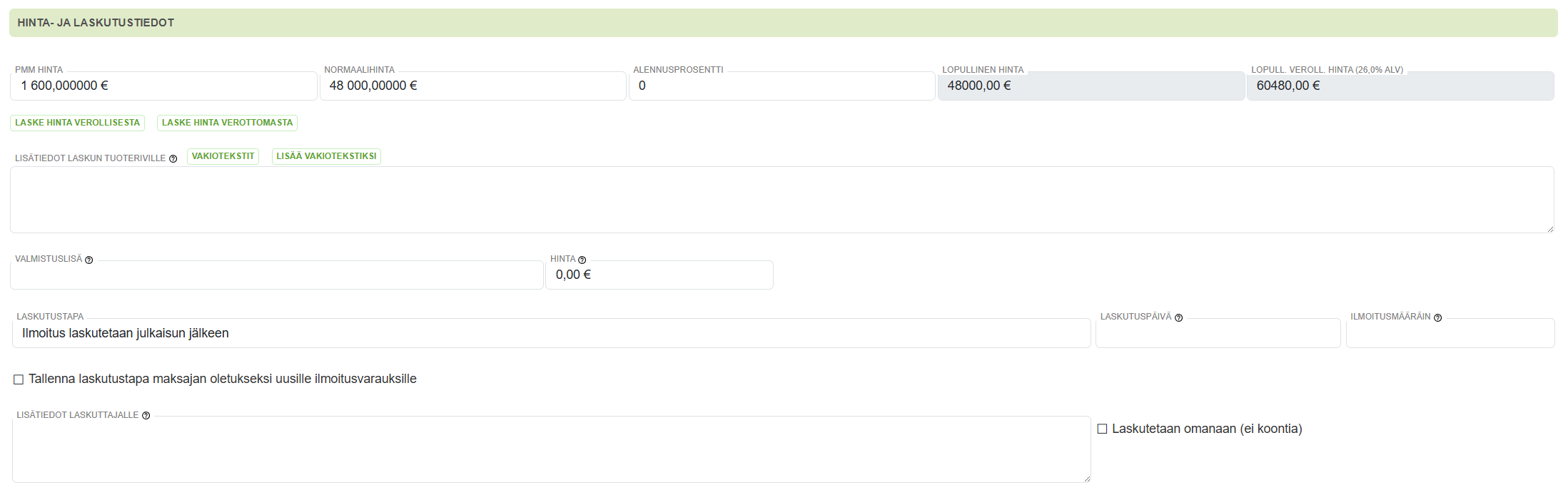 Ilmoitusvarauksen lisääminen - Hinta- ja laskutustiedot