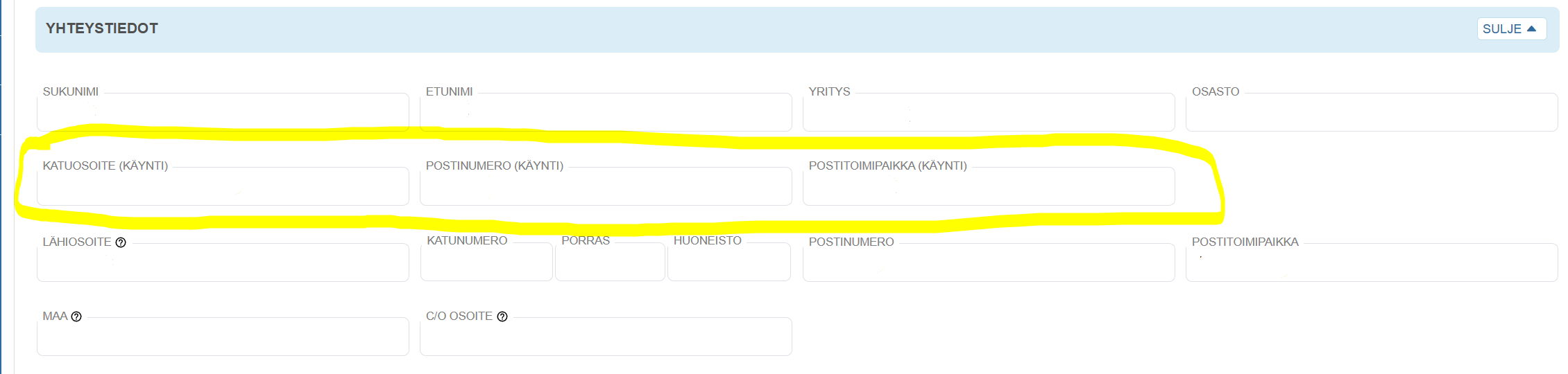 Asiakaskortin yhteystiedot