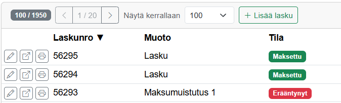 Laskuluettelon muokkaus- ja tulostustoiminnot