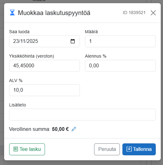 Laskutuspyynnön tiedot ja Tee lasku -painike, joka ei ole vielä käytettävissä