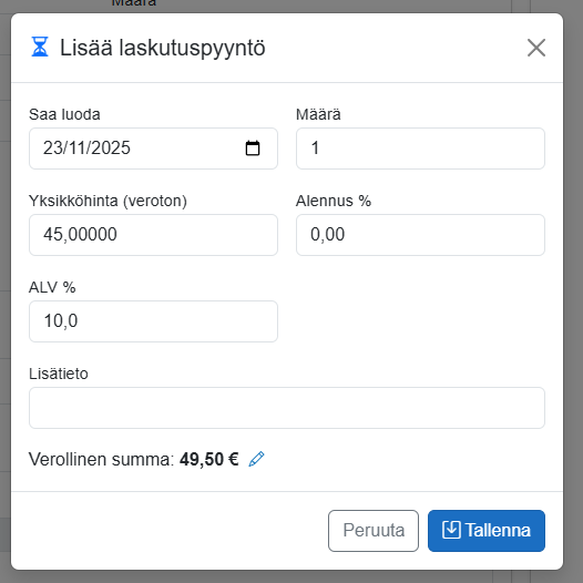 Uuden laskutuspyynnön tiedot