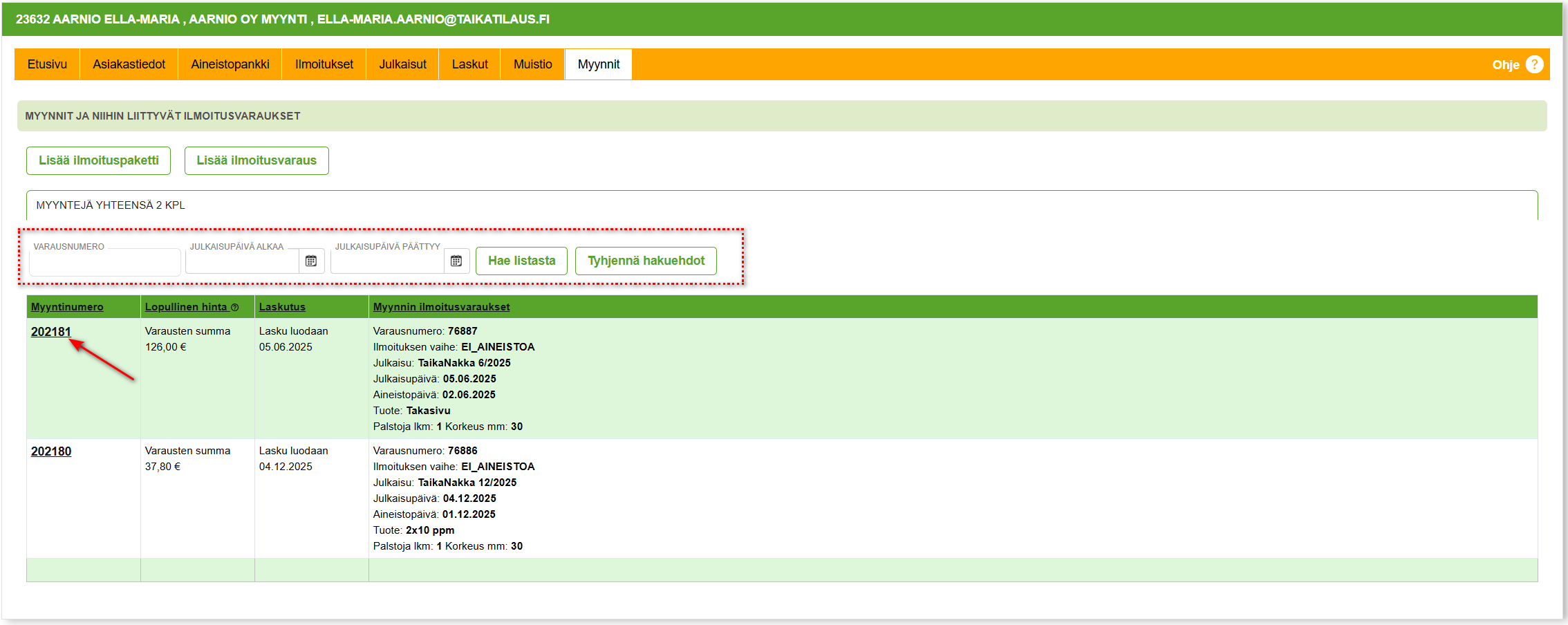 Ilmoitusasiakas - Myynti