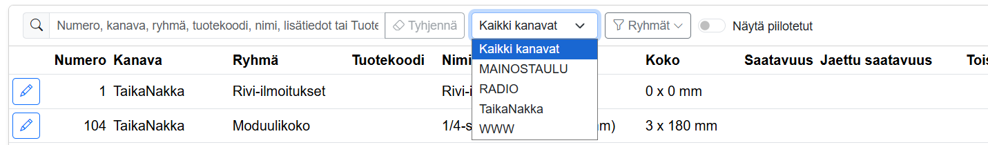 Tuotteet-sivun yleisnäkymä