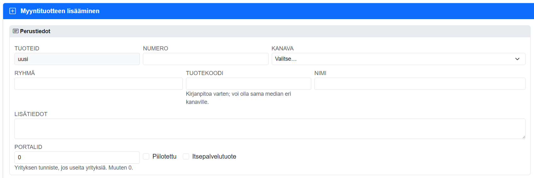 Tuotteet-sivun yleisnäkymä