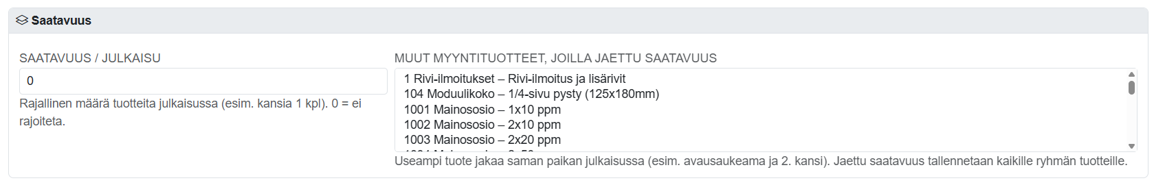Tuotteet-sivun yleisnäkymä