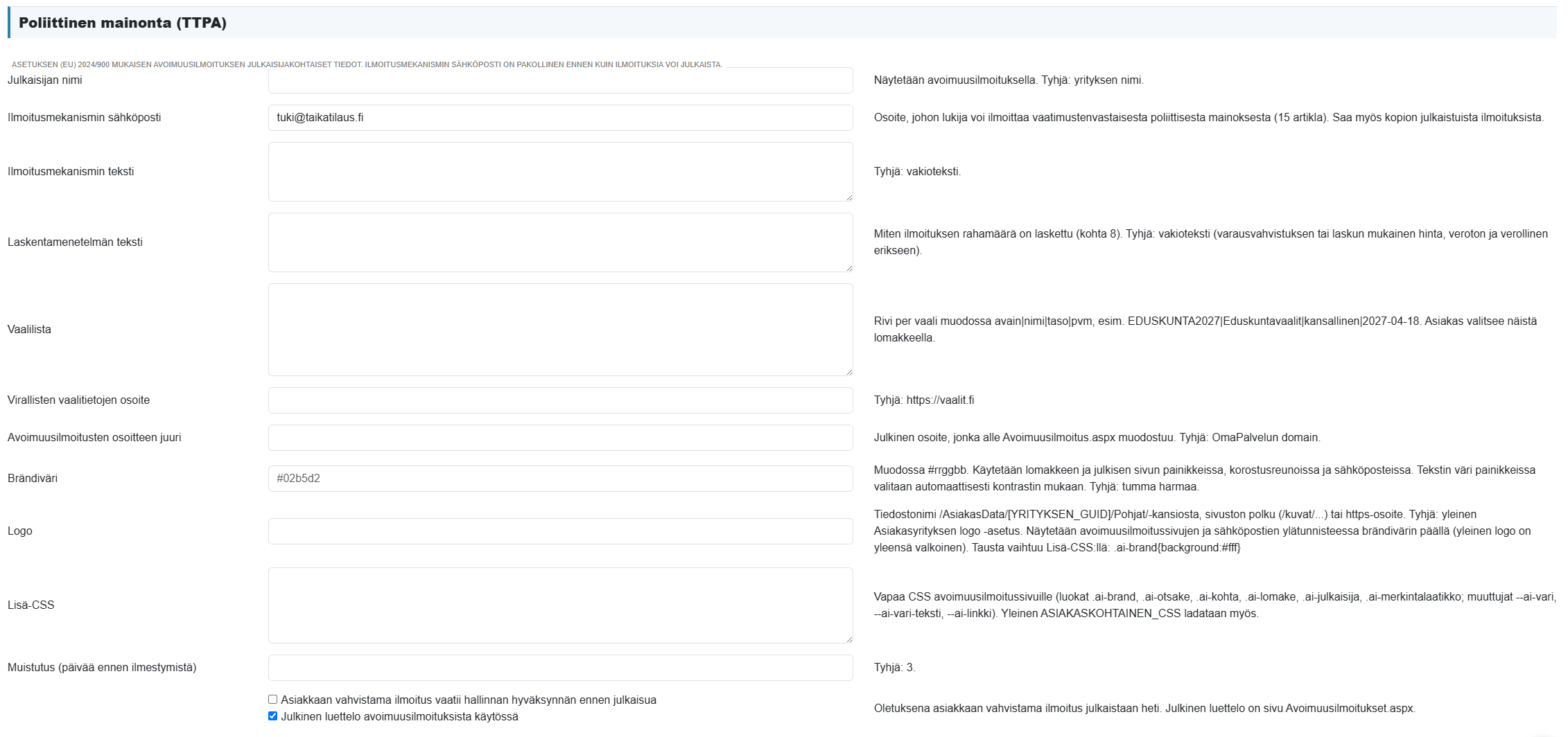 Ylläpito - Poliittinen mainontan (TTPA)