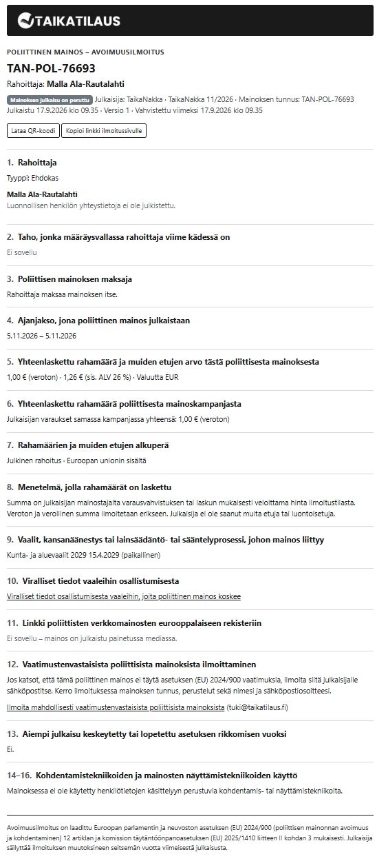 Ylläpito - Poliittinen mainontan (TTPA)