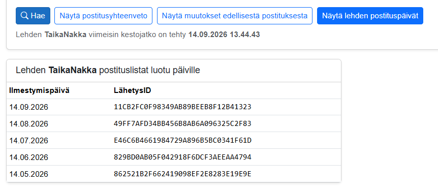 Postitusten ilmestymispäivät ja LähetysID-tunnisteet