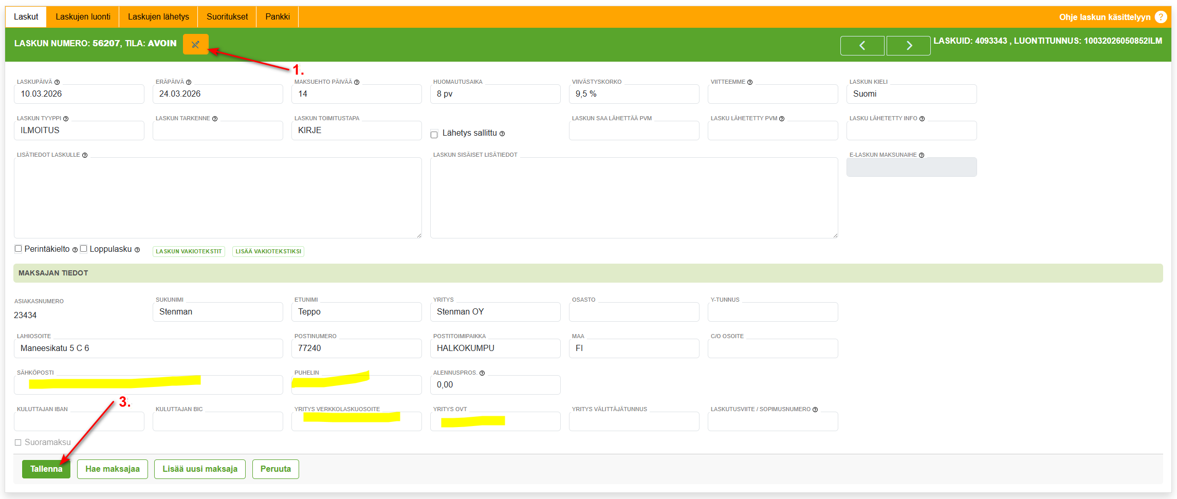 3. Laskujen uudelleenlähetys - Muuta laskujen tietoja