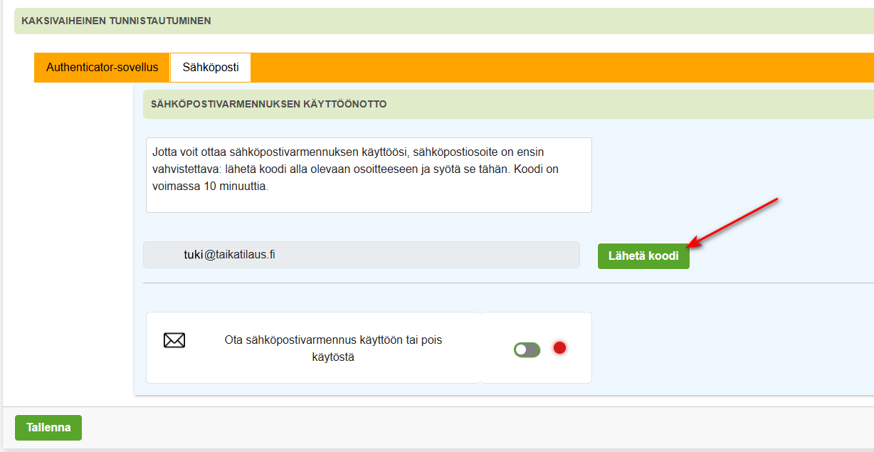 6. Käyttäjän tiedot - Kaksivaiheinen tunnistautuminen - Sähköposti