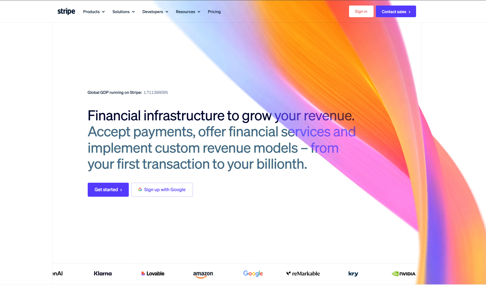 Stripe-tilin luominen - Get started -painike stripe.com-etusivulla