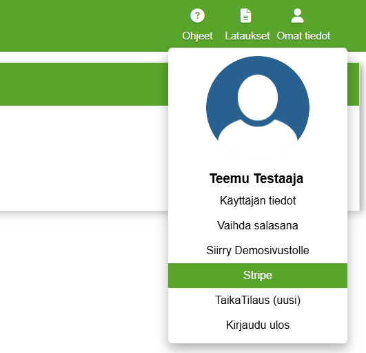 StripeGateway - Kirjautuminen TaikaTilauksen valikon Stripe-linkistä