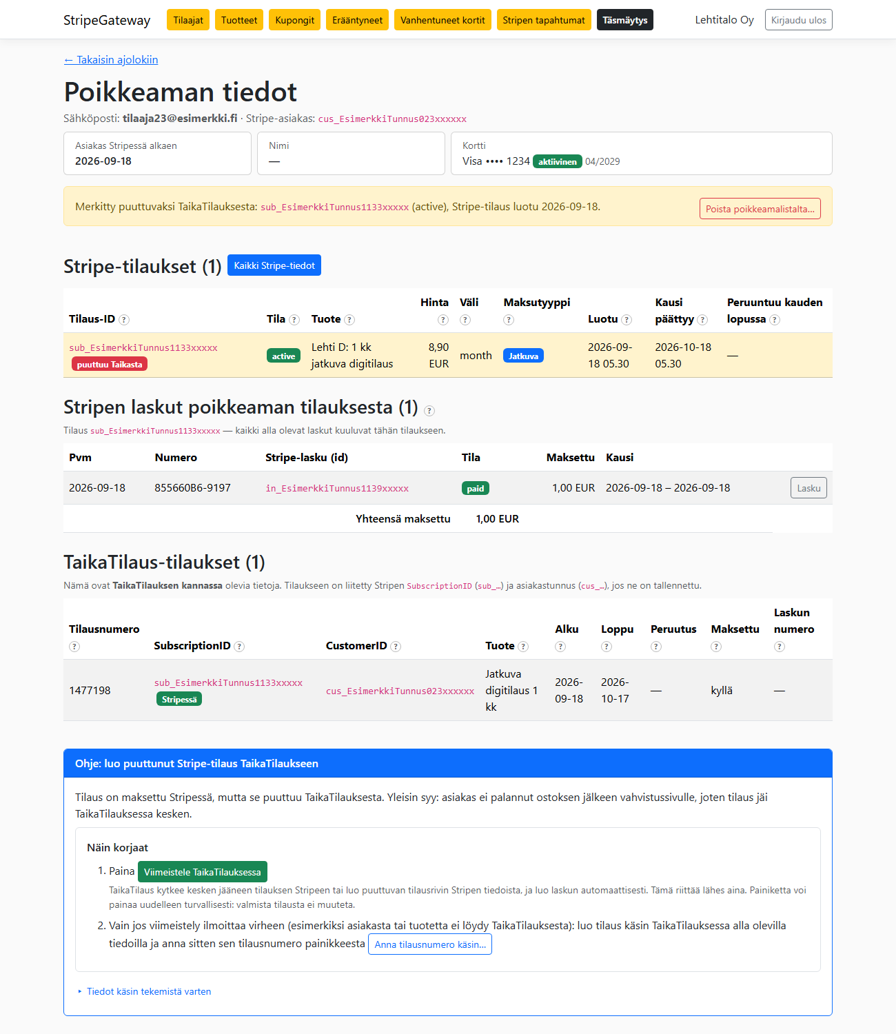 StripeGateway - Poikkeaman tiedot