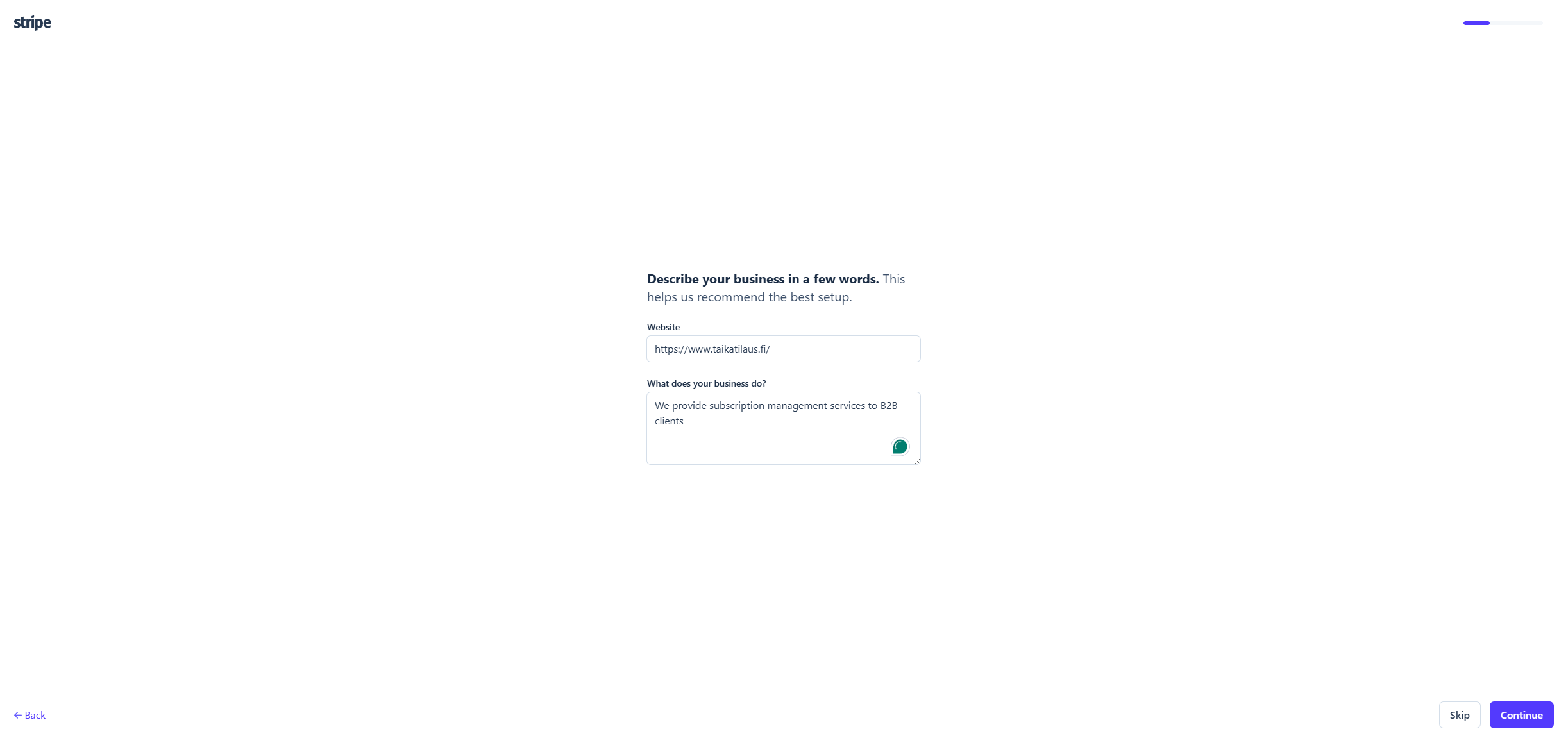 Stripe-tilin luominen - Yrityksen toiminnan kuvaus ja verkkosivun URL