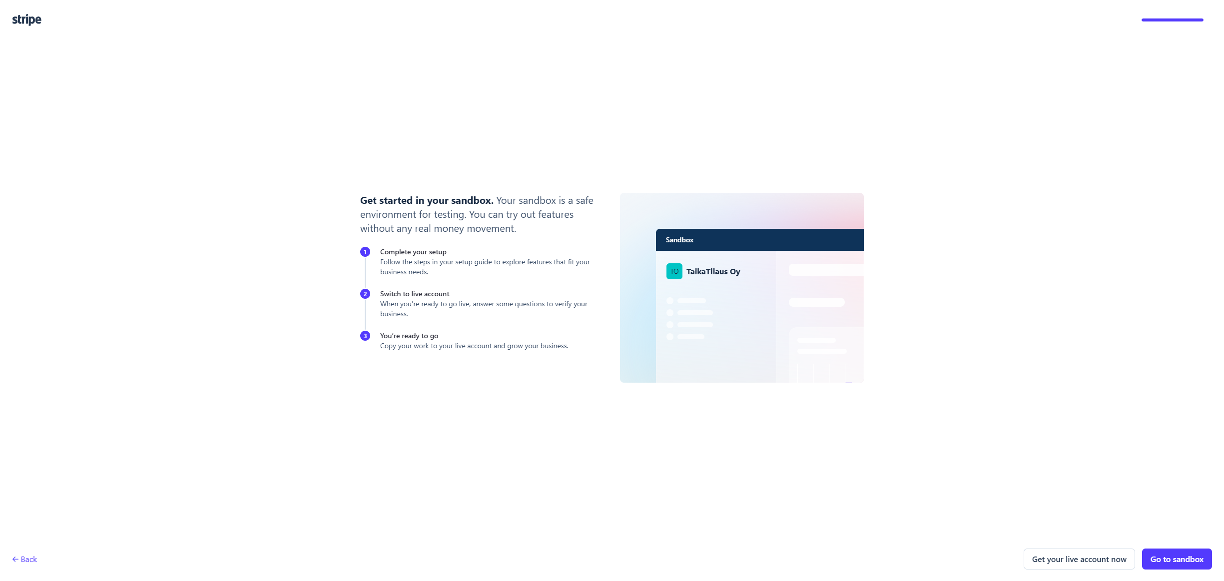 Stripe-tilin luominen - Go to sandbox -painike