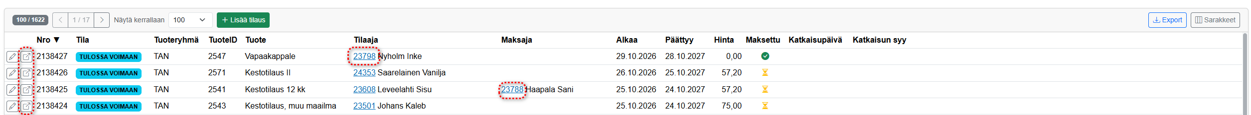 Tilauksen, tilaajan ja maksajan linkit tilausluettelossa
