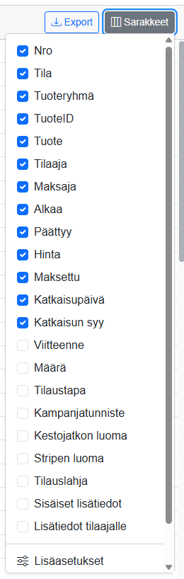 Tilausluettelon sarakevalinnat
