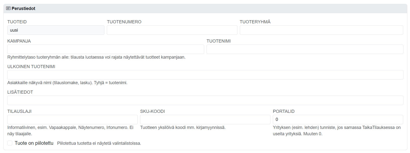 Tuotteet-sivun yleisnäkymä