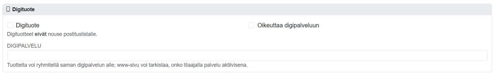 Tuotteet-sivun yleisnäkymä