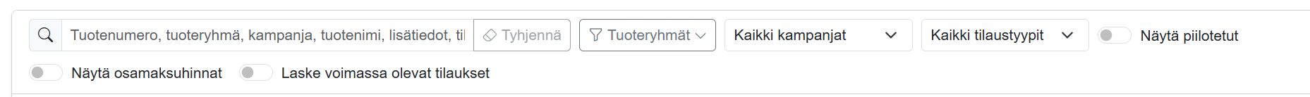 Tuotteet-sivun yleisnäkymä