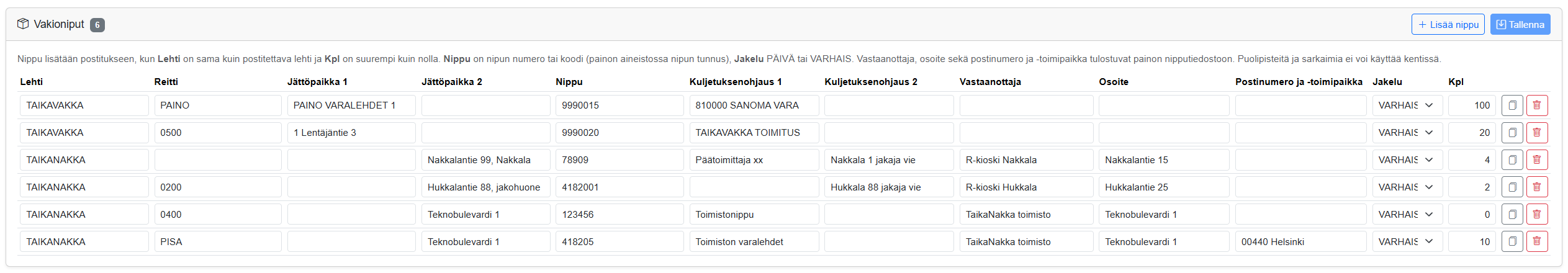 Uuden jakelualueen nimi, lehtivalinta ja lisätieto