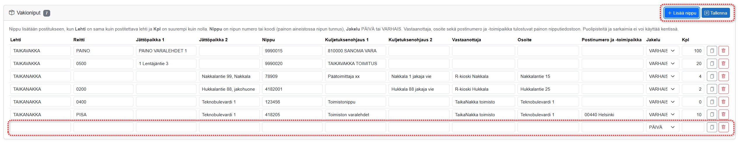 Uuden jakelualueen nimi, lehtivalinta ja lisätieto