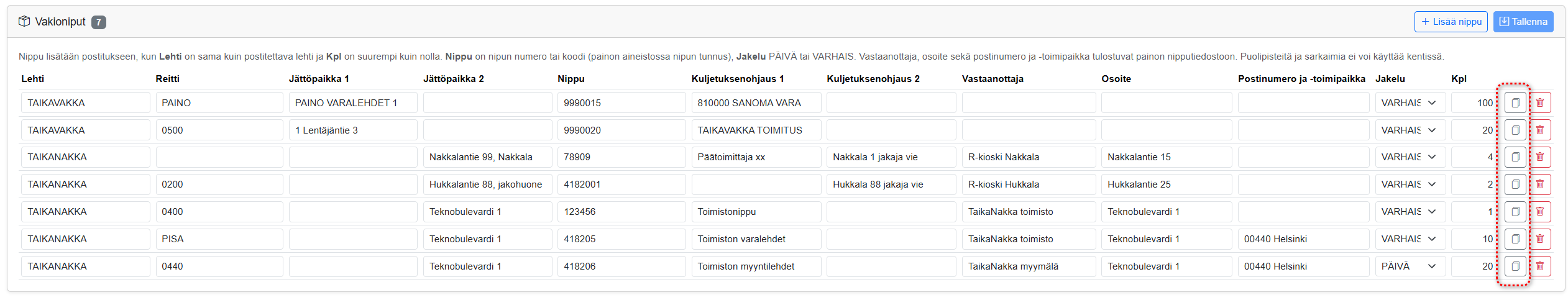 Uuden jakelualueen nimi, lehtivalinta ja lisätieto
