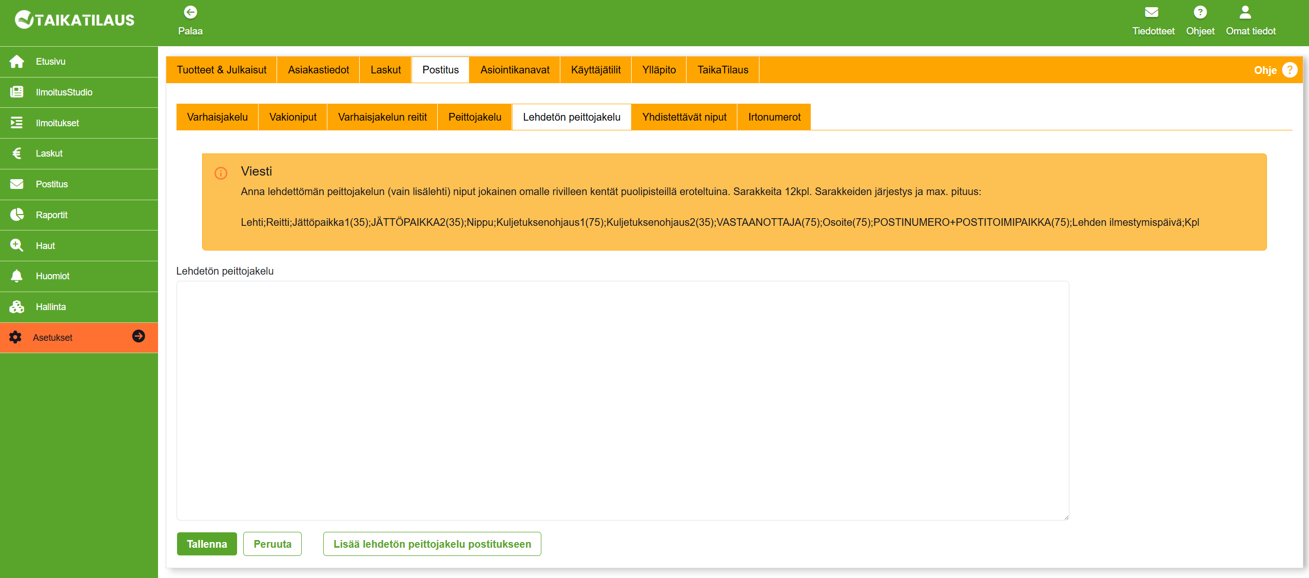Lehdetön peittojakelu