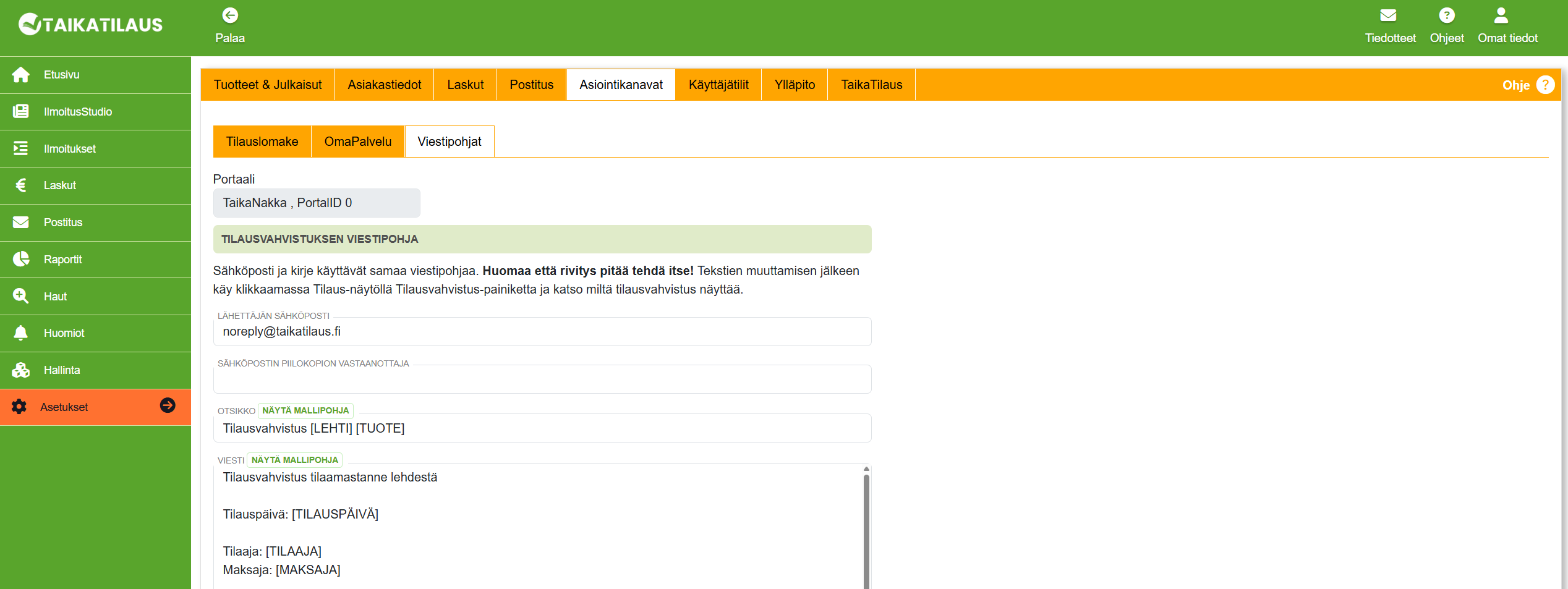 Viestipohjat-välilehti