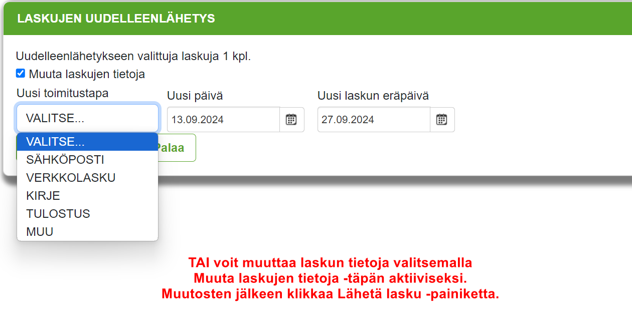 3. Laskujen uudelleenlähetys - Muuta laskujen tietoja