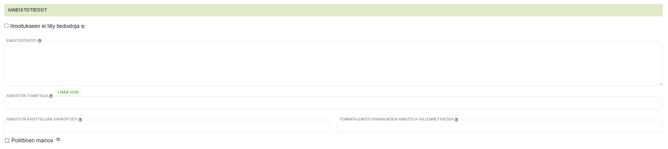 Ilmoitusvarauksen lisääminen- Ainestotiedot