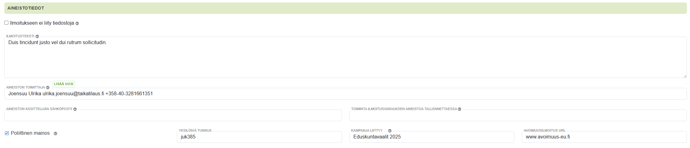 Ilmoitusvarauksen lisääminen- Ainestotiedot