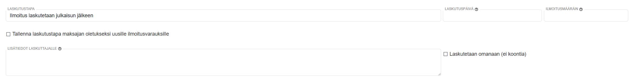 Ilmoitusvarauksen lisääminen - Hinta- ja laskutustiedot
