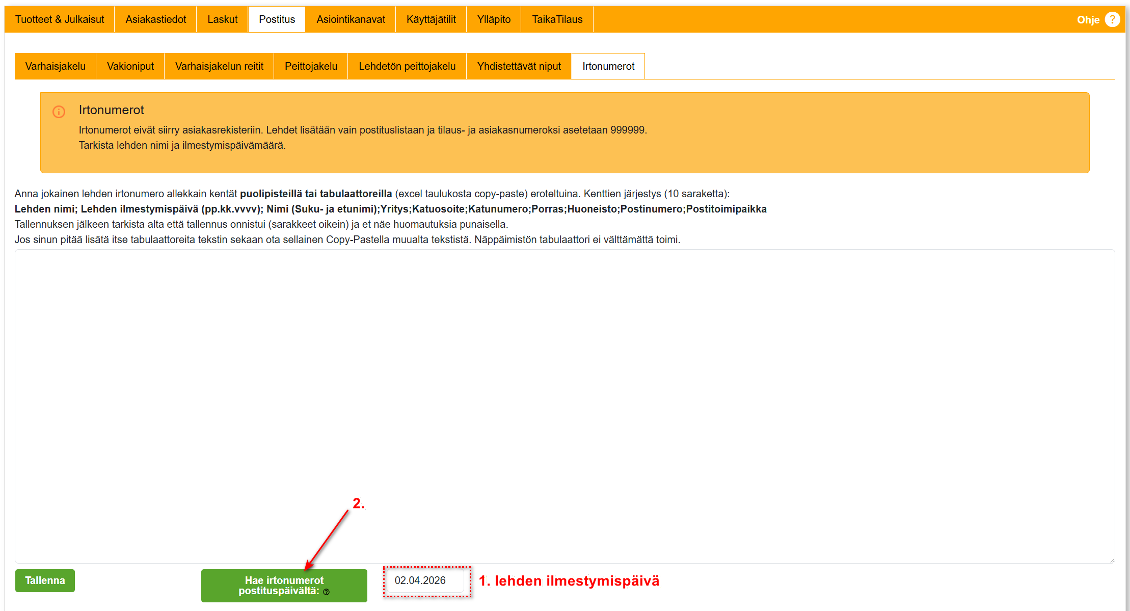 Asetukset-välilehti - Irtonumerot