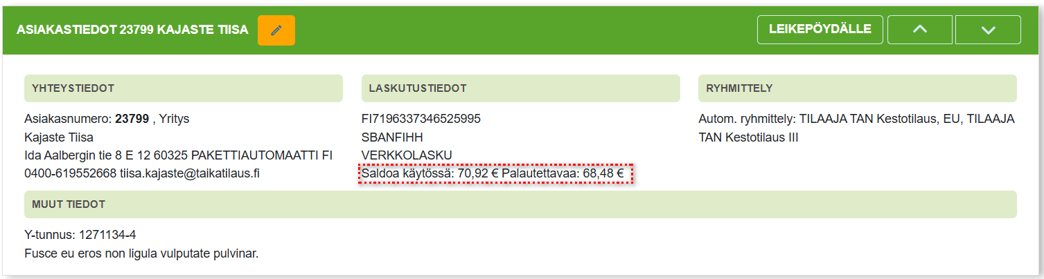 Asiakaskortti - Laskutiedot