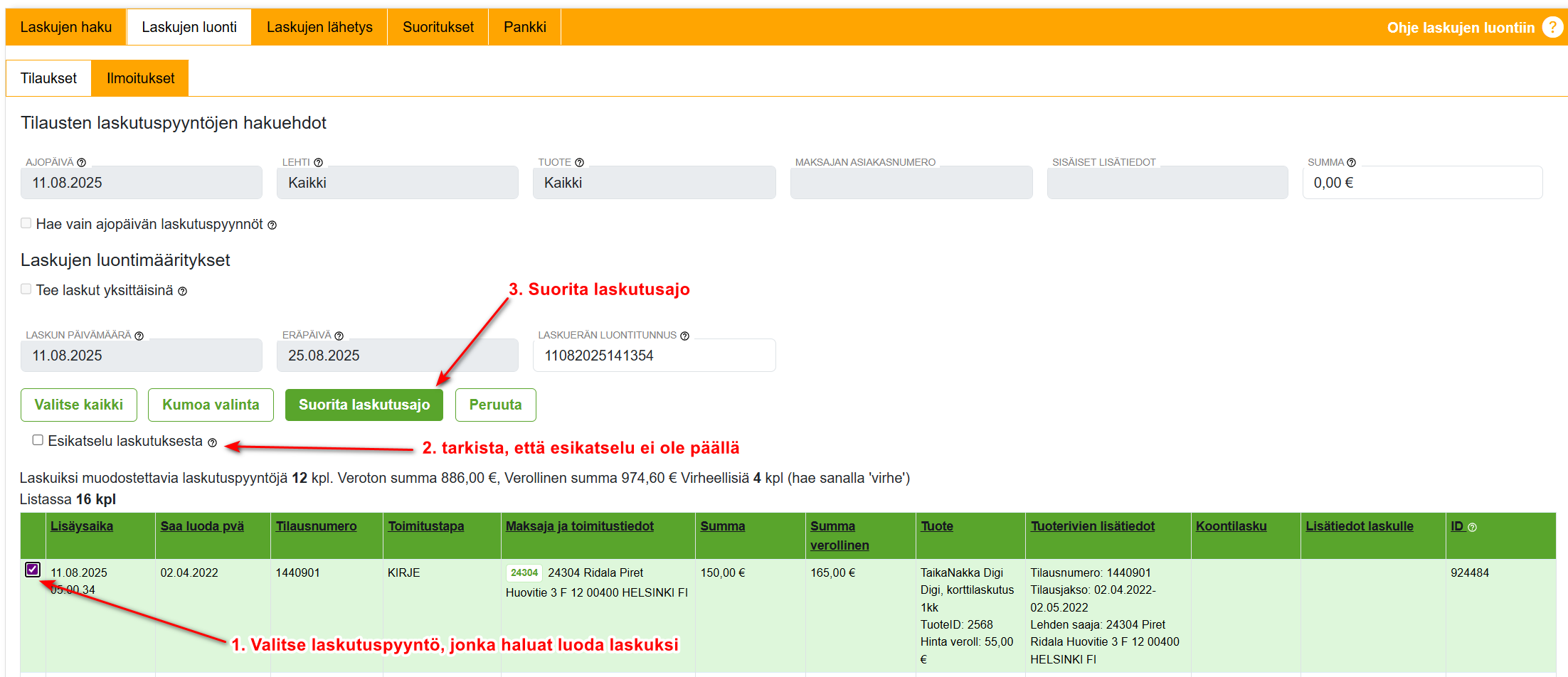 2. Laskutus-välilehti - Hakutulos