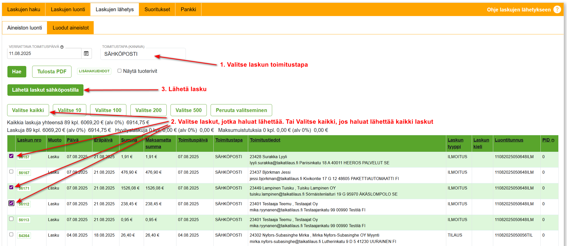 4. Laskujen lähetys -välilehti
