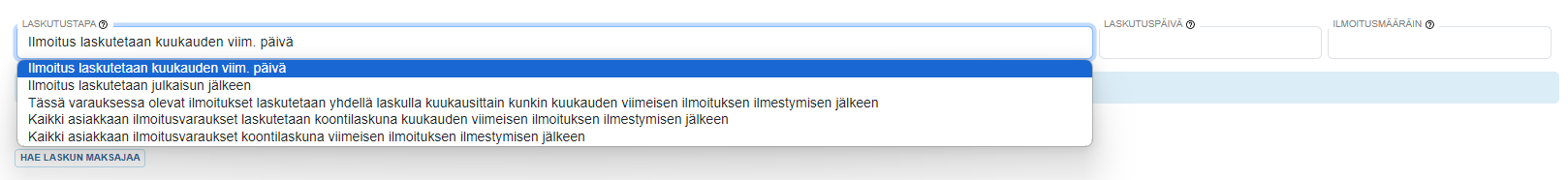 Ilmoitusvarauksen lisääminen - Laskutustavat