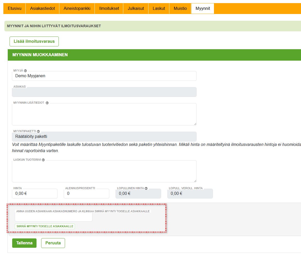 Myynnin siirto toiselle asiakkaalle
