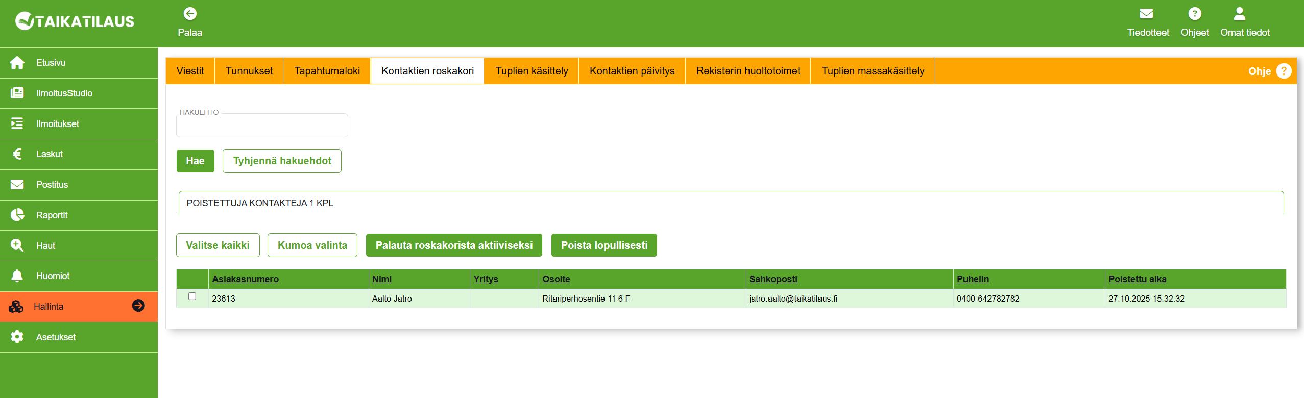 Kontaktien roskakori