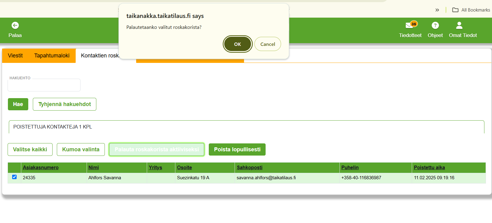 Kontaktien roskakori