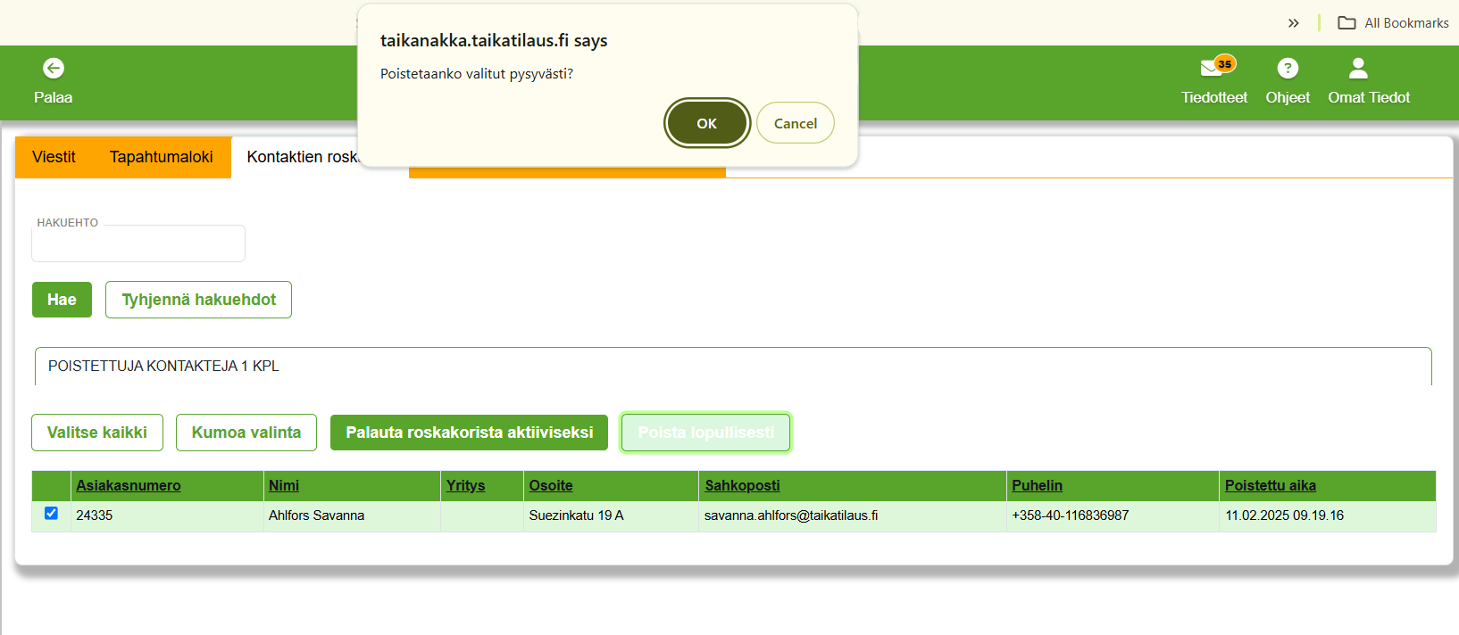 Kontaktien roskakori