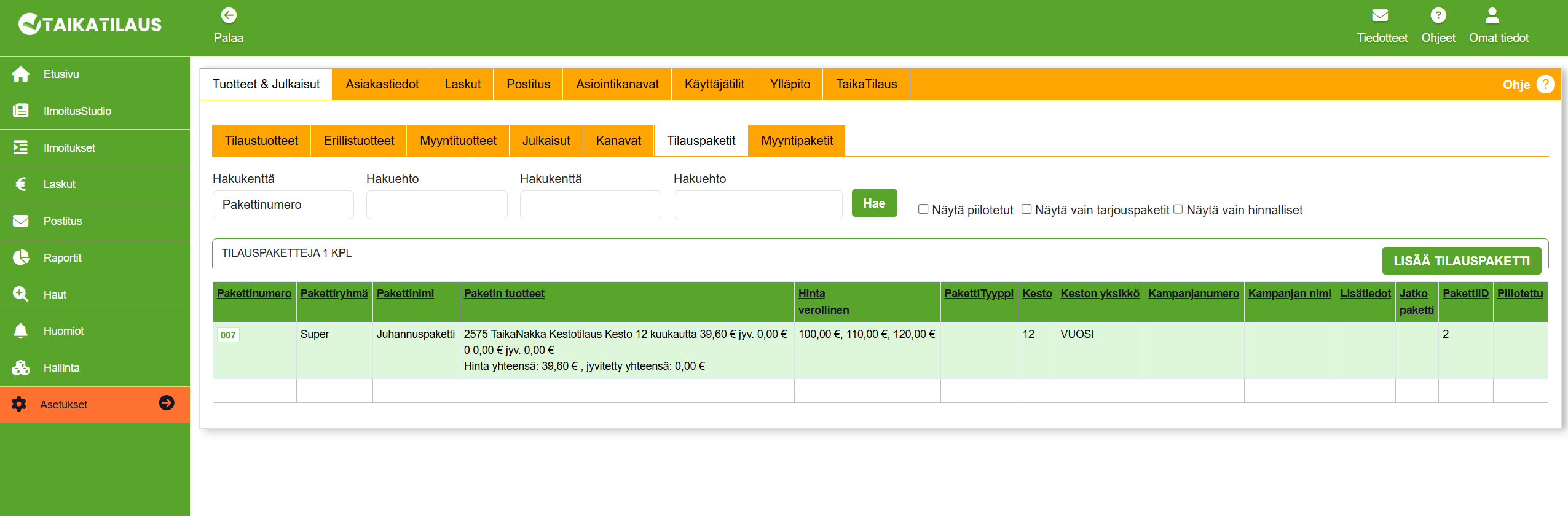 Tilaustuotteet - Tuotteen lisääminen