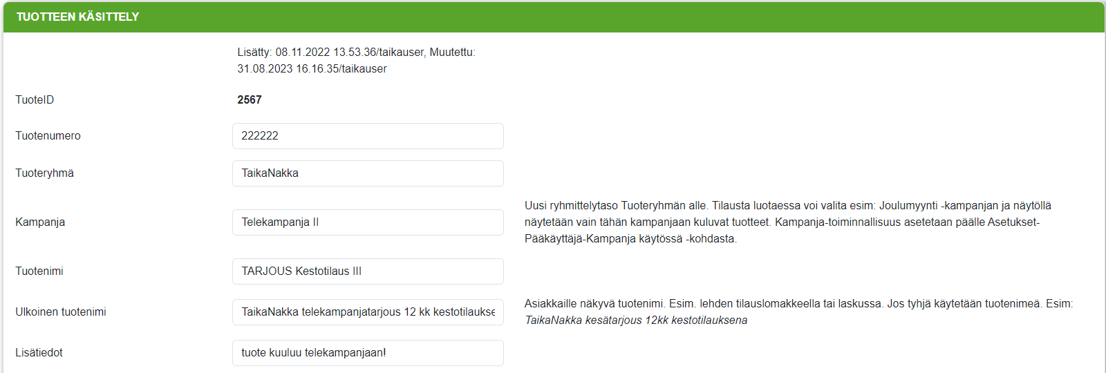 Tilaustuotteet - Tuotteen lisääminen