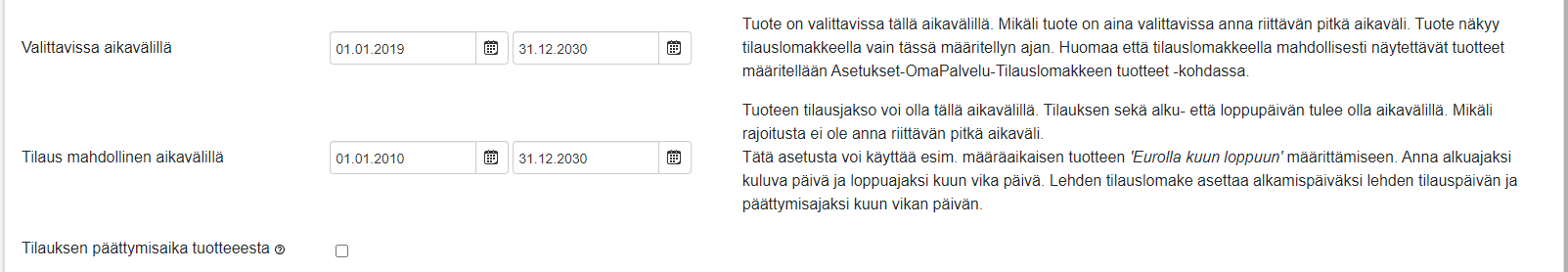 Tilaustuotteet - Tuotteen lisääminen