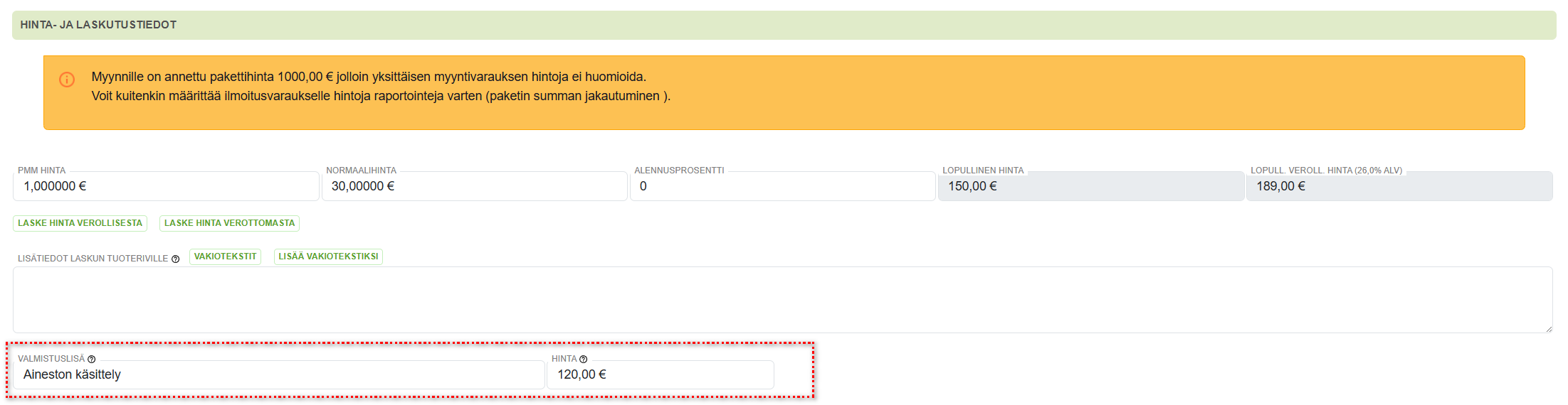 Ilmoitusvarauksen lisääminen - Valmistuslisä